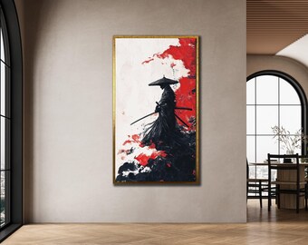 May include: A framed artwork depicts a samurai warrior in black attire, holding two swords. The background features a blend of red and white abstract shapes. The artwork is encased in a gold frame, creating a striking contrast.