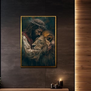 Jesus and Lion Framed Wall Decor, Jesus Canvas Print, Jesus Canvas Art, Religious Art, Christian Wall Decor, Art for Bedroom or Living Room