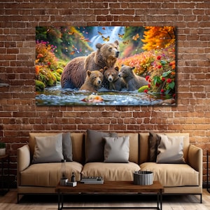 Brown Bear Canvas Print, Teddy Bear Wall Art, Unique Gift for Bear Lovers, Grizzly Bear in Misty Forest Painting, Animal Gift,Over Bed Decor