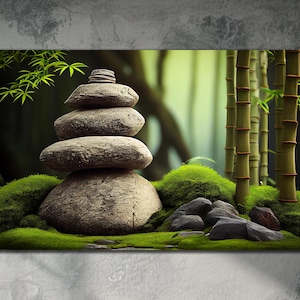 Stones Canvas Print, Zen Bamboo Stones Art, Relaxation Painting On Canvas,Over Bed Decor,Relaxing Poster, Minimalist Wall Decor