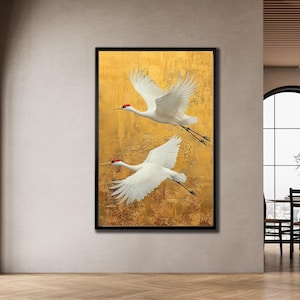 japanese Crane Framed Canvas, Gold Crane Wall Art, Crane Art Print, Animal Poster, Asian Wall Decor, Elegant Bird Artwork, Animal Wall Decor