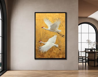 Toile encadrée Grue dorée : oeuvre d'art murale japonaise asiatique