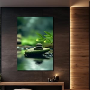 Stones Canvas Print, Zen Bamboo Stones Art, Relaxation Painting On Canvas,Over Bed Decor,Relaxing Poster, Minimalist Wall Decor