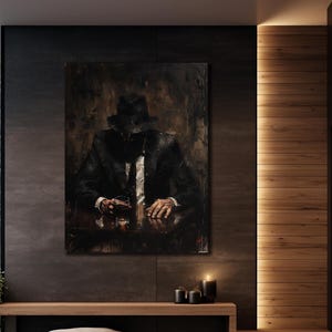 Gangster Man Oil Painting,Canvas Print, Masculine Bar Wall Art, Whiskey&Bad Mafia in Suit Painting Canvas, Vintage Style Picture Poster
