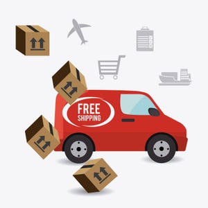 Peut inclure: Un fourgon de livraison rouge avec l'inscription "FREE SHIPPING" dans un ovale blanc. Des bo&icirc;tes en carton marron avec des fl&egrave;ches pointant vers le haut tombent du fourgon. Ic&ocirc;nes grises d'un avion, d'un chariot, d'une liste de contr&ocirc;le et d'un cargo en arri&egrave;re-plan.