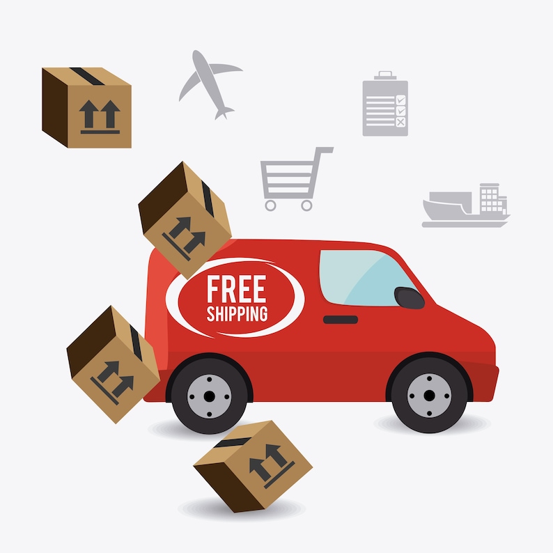 Peut inclure: Un fourgon de livraison rouge avec l'inscription "FREE SHIPPING" dans un ovale blanc. Des bo&icirc;tes en carton marron avec des fl&egrave;ches pointant vers le haut tombent du fourgon. Ic&ocirc;nes grises d'un avion, d'un chariot, d'une liste de contr&ocirc;le et d'un cargo en arri&egrave;re-plan.