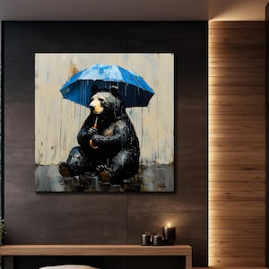 Bear Canvas Print, Umbrella and Bear Wall Art, Unique Gift for Bear Lovers, Home Decor, Animal Paintings, Living Room Art, Animal Wall Decor