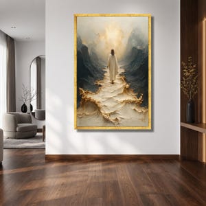 Spiritual Journey Canvas Wall Art, Pathway Through Sea Split, Inspirational Christian Painting, Divine Light Decor, Religious Canvas Print