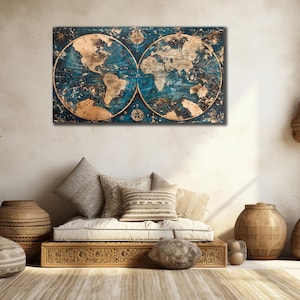 Impresión artística de mapa del mundo, arte de pared extragrande, pintura en lienzo con mapa antiguo, decoración del hogar, arte contemporáneo, póster de mapa del mundo antiguo