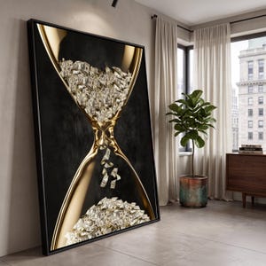 Könnte beinhalten: Ein rechteckiges Wandbild in einem schwarzen Rahmen mit einem goldenen Sanduhr-Motiv. Die obere und untere Kammer sind mit Stapeln von US-Dollar-Scheinen gefüllt, wobei einzelne Geldscheine durch den schmalen Hals vor schwarzem Hintergrund fallen.