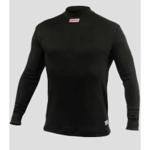 Può includere: Maglia nera a maniche lunghe con collo a lupetto. La maglia ha una piccola etichetta vicino all'orlo e una piccola etichetta rettangolare sul colletto. La maglia è realizzata in un materiale nero liscio.