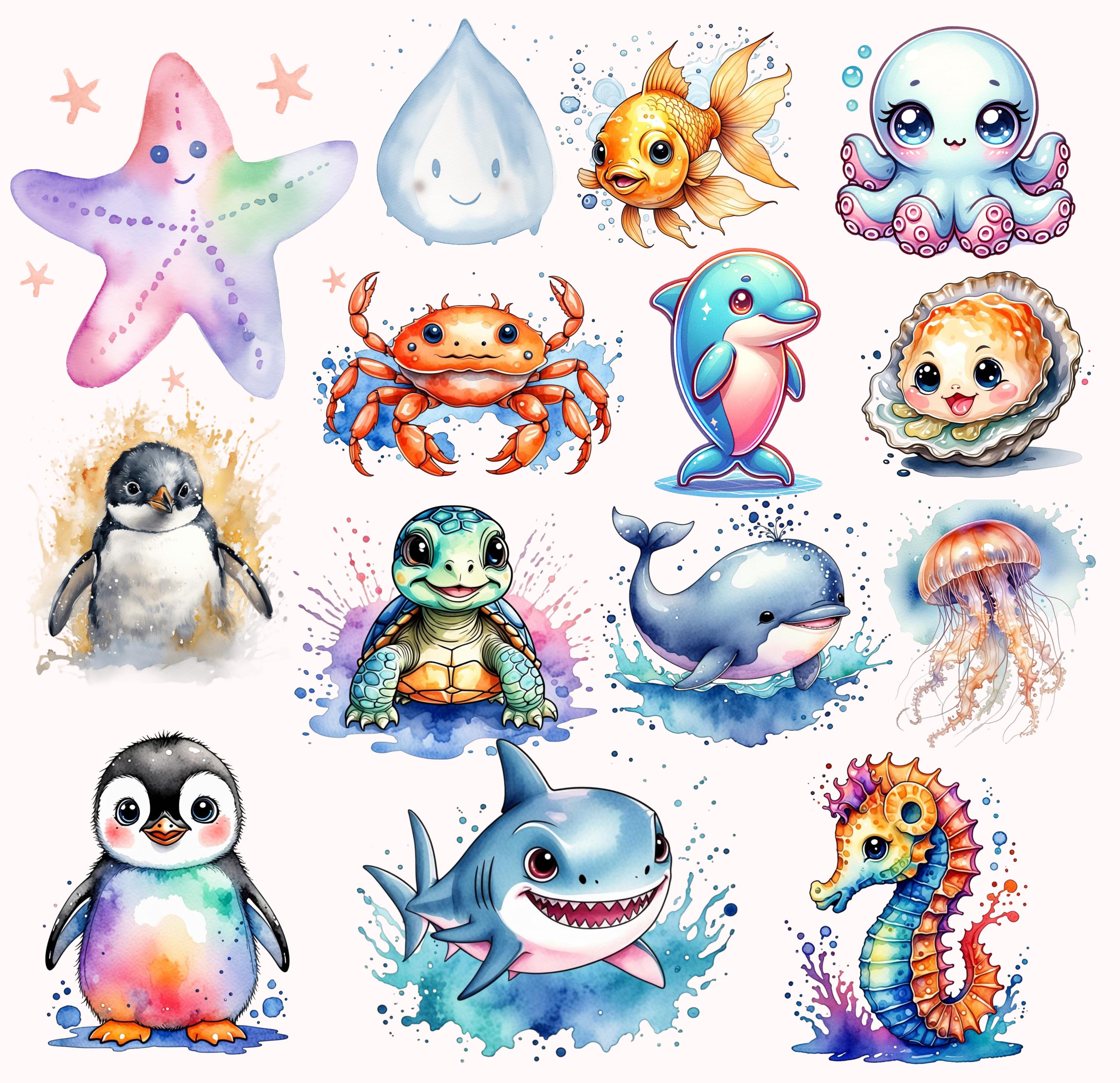 Unterwasser Aquarell Clipart, Kinderzimmer Dekor, Baby Wand Kunst, Tintenfisch, Qualle, Wal, niedliche Ozean Tiere png, Babyparty png