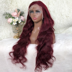 Ready to Ship 99J Color Long 18 &quot; -22&quot; 100% Human Hair Body Wave |Transparent Lace Front Wig | Pre Plucked Hairline