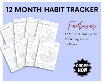 12 Month, 30 days  Habit Challenge Tracker, Yearly, Monthly Habit Tracker Printable, 3 sizes, Habit Tracker Template, Instant Download