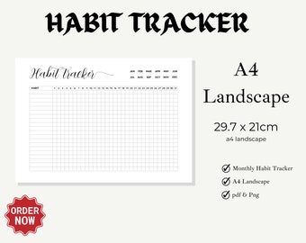 30 Day Habit Challenge, Monthly Habit Tracker Printable Landscape, Habit Tracker Template, Routine Tracker,  A4 Landscape, Instant Download