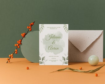 Green Watercolor Wedding Invitation Portrait, Wedding Invitations - Instant Download - Editable Template - Wedding Stationery - DIY Template