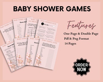 14 Page Minimalist Baby Shower Games Printable, Baby Shower Game Bundle, PDF, one, double sided baby shower game, Baby shower pdf