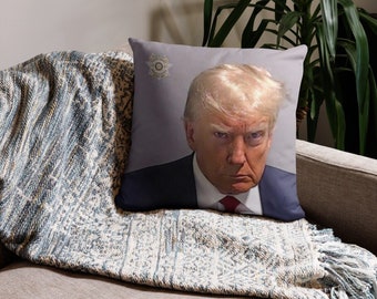 Donald Trump Mugshot Pillow - 18x18 Double-Sided Cushion - Unique Political Memorabilia - President's Face Accent Pillow - Home Decor