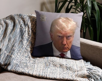 Donald Trump Mugshot Pillow - 18x18 Double-Sided Cushion - Unique Political Memorabilia - President's Face Accent Pillow - Home Decor