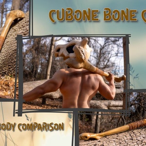 Op de afbeelding: Een persoon houdt een grote botclub over zijn schouder. De botclub is gemaakt van een grote schedel van een dier en een lang bot. De tekst "CUBONE BONE CLUB" staat bovenaan de afbeelding. De tekst "SIZE / BODY COMPARISON" staat onderaan de afbeelding.
