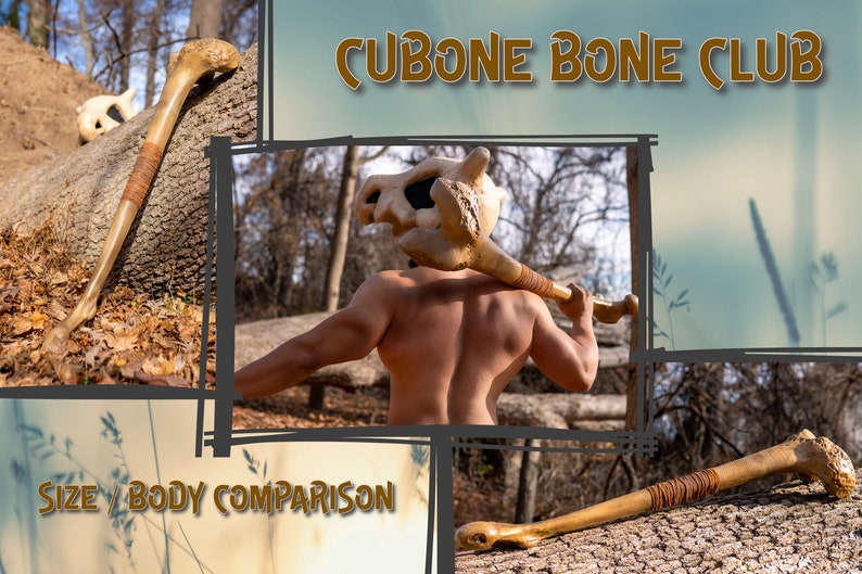 Op de afbeelding: Een persoon houdt een grote botclub over zijn schouder. De botclub is gemaakt van een grote schedel van een dier en een lang bot. De tekst "CUBONE BONE CLUB" staat bovenaan de afbeelding. De tekst "SIZE / BODY COMPARISON" staat onderaan de afbeelding.