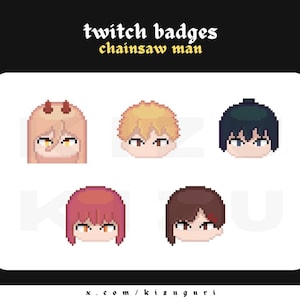 Chainsaw Man Pixel Art: Denji, Makima, Aki, Power, & Kobeni - Sub/Bit Badges for Twitch, Discord, etc.