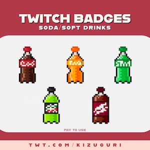Soda/Pop/Fizzy/Soft Drink Pixel Art - Sub/Bit Badges for Twitch, Discord, etc. (Coca Cola, Fanta, Sprite, Mountain Dew & Dr Pepper)