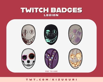 May include: Six different Twitch badges featuring various masks with different designs. The masks are all white with different colored details. The text "TWITCH BADGES LEGION PAY TO USE TWT.COM/KIZUGURI" is at the bottom of the image.
