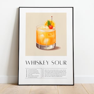 Retro Whiskey Sour Poster, Minimalist Alcohol Print, Bar Cart Decor, Cocktail Art, Whisky Recipe, Bartender Gift, Cocktail Recipe Art