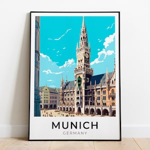 Impressão da cidade de Munique, arte de viagem de Munique, Marienplatz de Munique, cartão postal de Munique, Bayern de Munique, Oktoberfest, viagens na Alemanha, memória turística de Munique