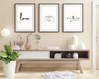 Conjunto de tres grabados, "El amor está en el aire", decoración del hogar con arte de texto moderno, diseño de interiores de sala de estar, póster de letras, A4, A3