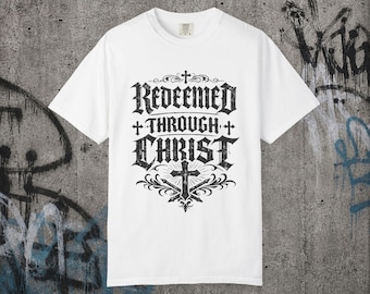 Maglietta "Redenti attraverso Cristo" / Tipografia con croce della fede cristiana