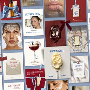 Könnte beinhalten: Eine Collage aus Marketinggrafiken zum Thema Hautpflege mit verschiedenen Produktfotos, Texteinblendungen und Illustrationen. Die Bilder zeigen Flaschen, Tiegel, einen Löffel mit Creme, ein Cocktailglas und Geschenke mit Schleifen.