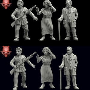 Puede incluir: Tres figuras en miniatura grises. Una figura sostiene un rifle, otra tiene las manos levantadas y la tercera sostiene un bastón. Las figuras visten ropa de época. Un logotipo rojo y negro está en la esquina superior izquierda.