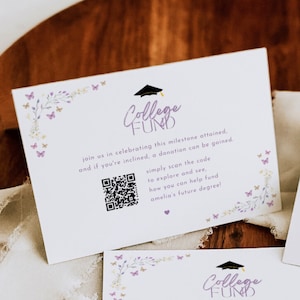 QR Code College Fund Graduation Insert, Purple Butterfly Graduate Donation Card Printable, DIY Floral Boho Grad Enclosure Gift Registry GR11