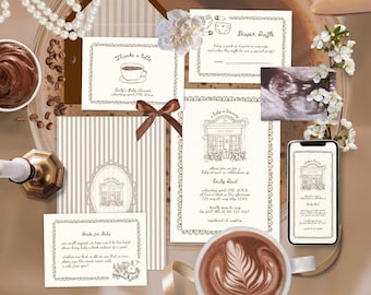 Coffee Baby Shower Invitation Bundle, Cafe Bebe Baby is Brewing Invite Suite, Handrawn Aesthetic Paris Book Diaper Insert Thank You Set BA10