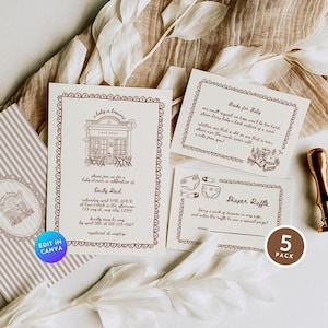 Op de afbeelding: Een set van vijf printbare babyshowerkaarten in een bruin en wit kleurenschema. De kaarten hebben een caféthema met een cafégebouwillustratie en de tekst "Een baby is aan het brouwen". De kaarten bevatten een babyshoweruitnodiging, een luierspelkaart en een "boeken voor baby"-kaart.