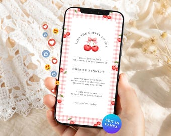 Cherry On Top Baby Shower Phone Invitation, Cherry Bow Baby Shower Text Message Invite, Pink Cherry Theme Girl Baby Shower Mobile Evite BA20