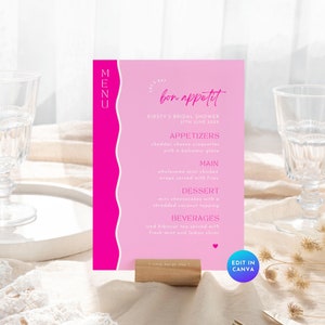 Retro Bridal Shower Menu Card, Disco 70s Pink Wavy Bachelorette Hen Party Dinner Menu Program, Groovy Table Decor Printable Template BR21