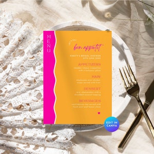 May include: A yellow and pink printable menu card with the text "bon appetit" and a list of food and drinks for a bridal shower. The text "EDIT IN CANVA" is in a blue circle at the bottom of the card.