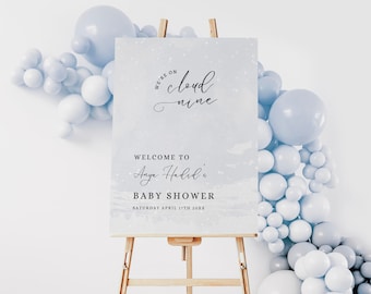 On Cloud Nine Welcome Sign Baby Shower, Minimalist Editable On Cloud 9 Entrance Board Sign Canva Template Poster, Boho Cloudy Baby BS40