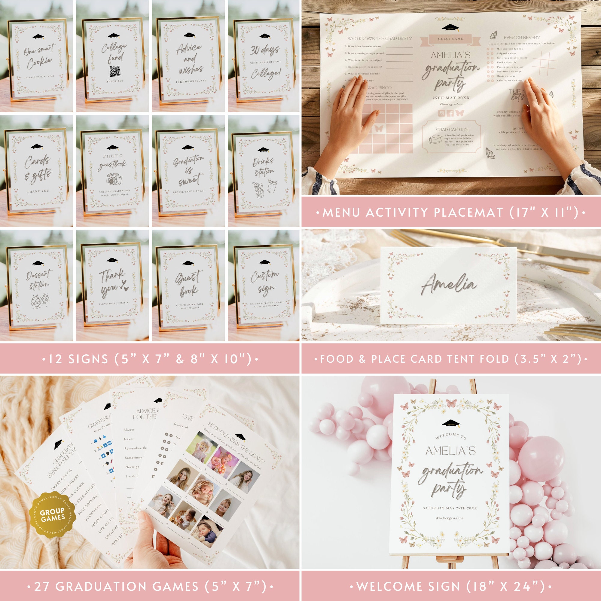 60+ Boho Pink Graduation Bundle, Floral Graduate Party Decor Set ...
