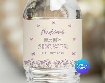 May include: Water bottle label with a floral design and butterflies in shades of purple. The label says "Madison's Baby Shower" and "25th Oct 20XX".