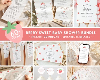60+ Strawberry Baby Shower BUNDLE, Editable Berry Sweet Baby Shower Decor Pack, Summer Girl Shower Invitation Set, Boho Pink Menu Game BS75