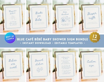 Blue Cafe Baby Boy Shower Sign BUNDLE, French Coffee Cafe Bebe Baby Shower Table Sign Set, Baby Is Brewing Handrawn Doodle Decor Sign BA12
