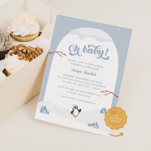 Winter Baby Shower Invitation, Editable Penguin Snowflake Baby Snow Shower Invite, Personalised Baby Winter Wonderland Invite BS20
