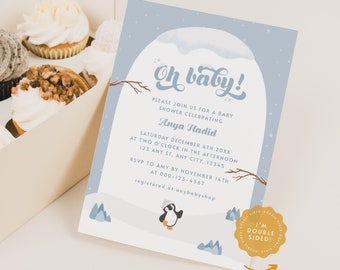 Winter Baby Shower Invitation, Editable Penguin Snowflake Baby Snow Shower Invite, Personalised Baby Winter Wonderland Invite BS20