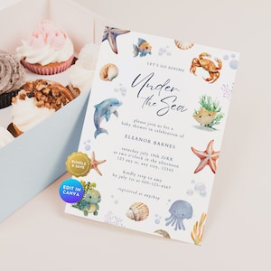 Ocean Baby Shower Invitation, Blue Under the Sea Boy Baby Shower Invite,Summer Nautical Baby Sprinkle Sip n See Card Printable Template BS80