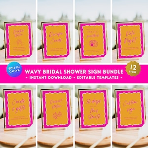 May include: A set of 12 printable bridal shower signs with a wavy border. The signs are in a pink and yellow color scheme and feature text such as "Drinks Station", "Recipe Cards", "Photo Guestbook", "Date Night", "Cards & Gifts", "Dessert Station", "30 Days Until Mrs. Smith", and "Custom Sign".