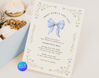 Blue Bow Baby Shower Invitation, Dusty Blue Ribbon Party Baby Shower Invite, Pastel Floral Lace Baby Boy Sprinkle Template Printable BS86
